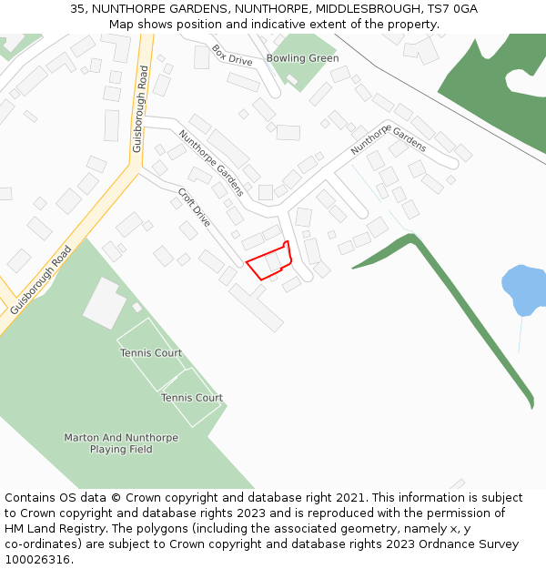 35, NUNTHORPE GARDENS, NUNTHORPE, MIDDLESBROUGH, TS7 0GA: Location map and indicative extent of plot