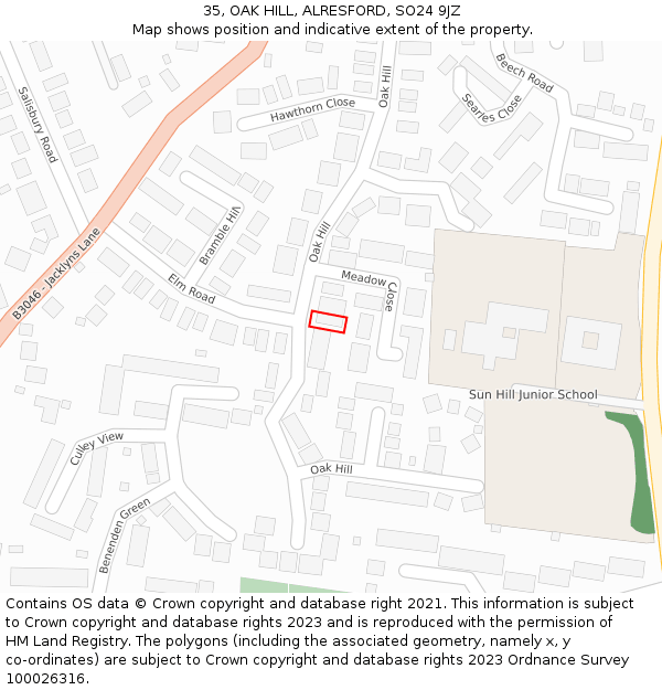 35, OAK HILL, ALRESFORD, SO24 9JZ: Location map and indicative extent of plot