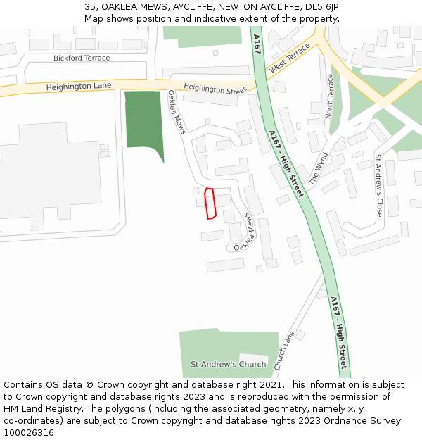 35, OAKLEA MEWS, AYCLIFFE, NEWTON AYCLIFFE, DL5 6JP: Location map and indicative extent of plot