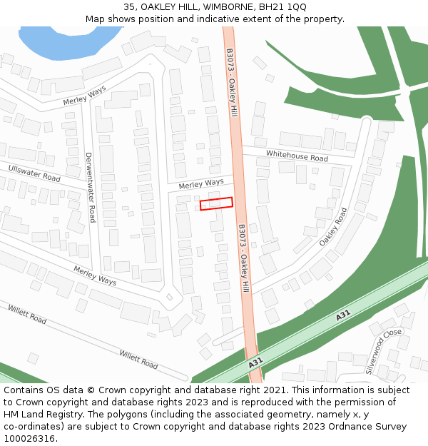 35, OAKLEY HILL, WIMBORNE, BH21 1QQ: Location map and indicative extent of plot