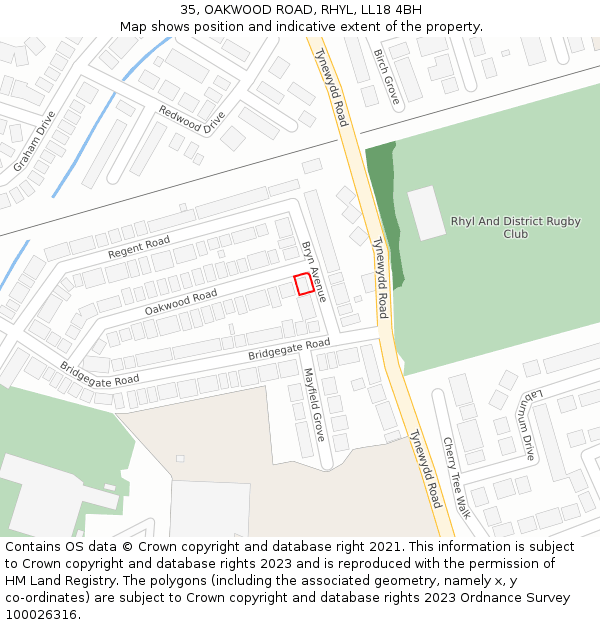 35, OAKWOOD ROAD, RHYL, LL18 4BH: Location map and indicative extent of plot