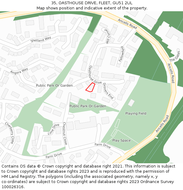 35, OASTHOUSE DRIVE, FLEET, GU51 2UL: Location map and indicative extent of plot