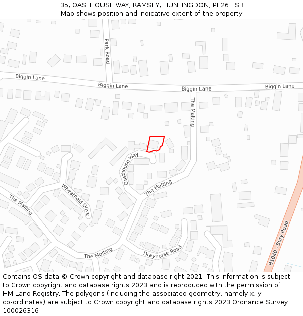 35, OASTHOUSE WAY, RAMSEY, HUNTINGDON, PE26 1SB: Location map and indicative extent of plot