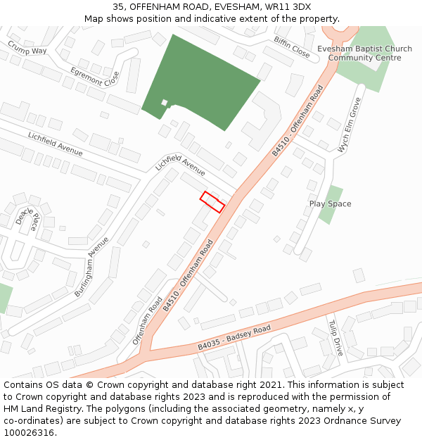 35, OFFENHAM ROAD, EVESHAM, WR11 3DX: Location map and indicative extent of plot