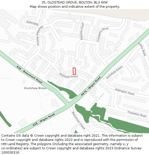 35, OLDSTEAD GROVE, BOLTON, BL3 4XW: Location map and indicative extent of plot