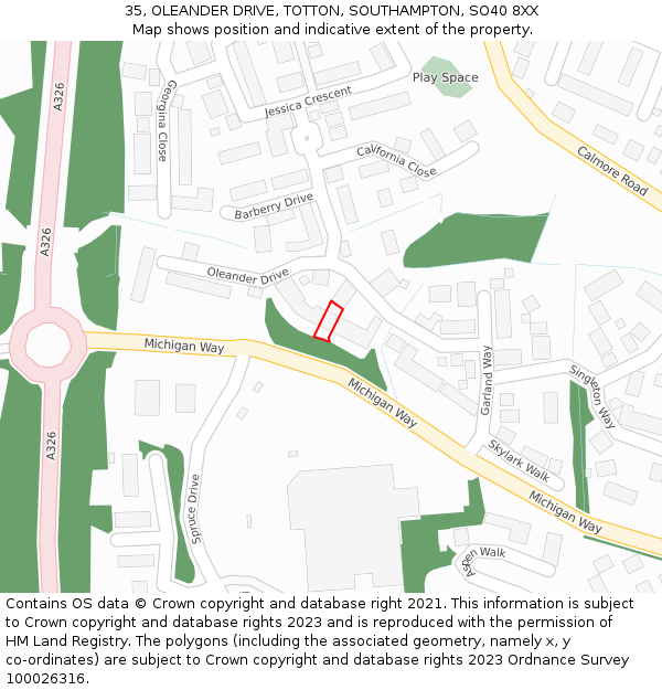 35, OLEANDER DRIVE, TOTTON, SOUTHAMPTON, SO40 8XX: Location map and indicative extent of plot