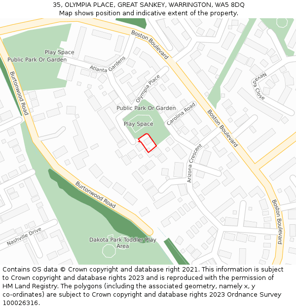 35, OLYMPIA PLACE, GREAT SANKEY, WARRINGTON, WA5 8DQ: Location map and indicative extent of plot