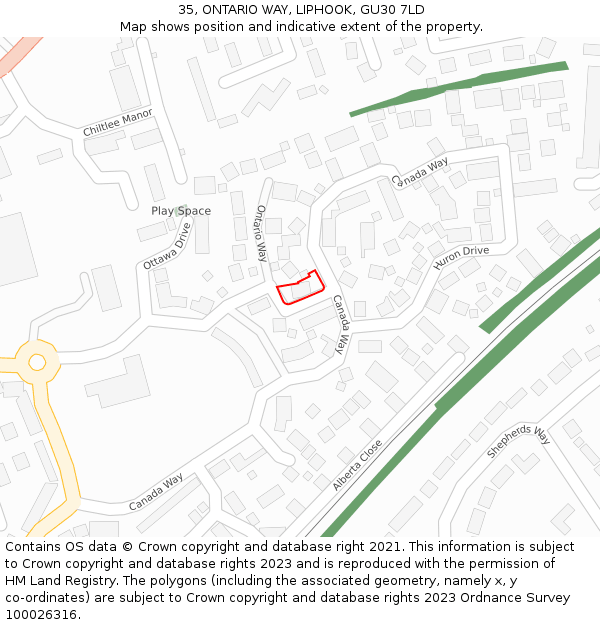 35, ONTARIO WAY, LIPHOOK, GU30 7LD: Location map and indicative extent of plot