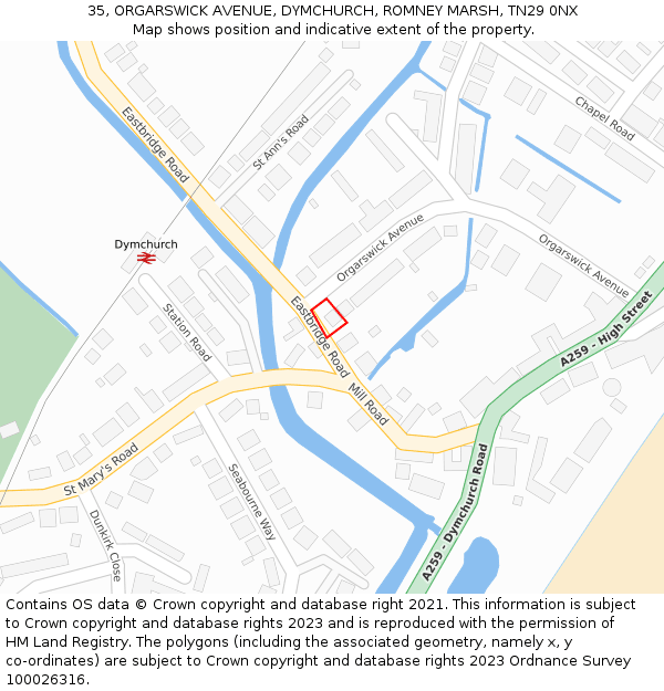 35, ORGARSWICK AVENUE, DYMCHURCH, ROMNEY MARSH, TN29 0NX: Location map and indicative extent of plot