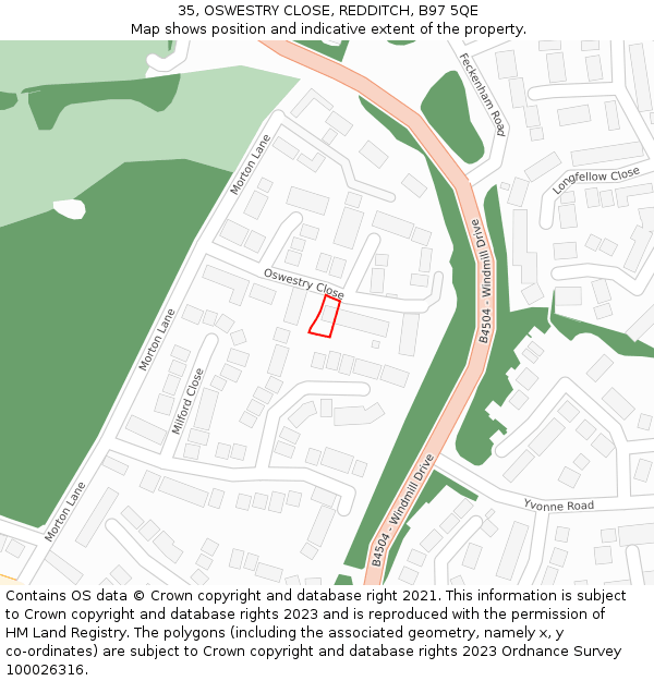 35, OSWESTRY CLOSE, REDDITCH, B97 5QE: Location map and indicative extent of plot