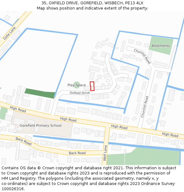 35, OXFIELD DRIVE, GOREFIELD, WISBECH, PE13 4LX: Location map and indicative extent of plot