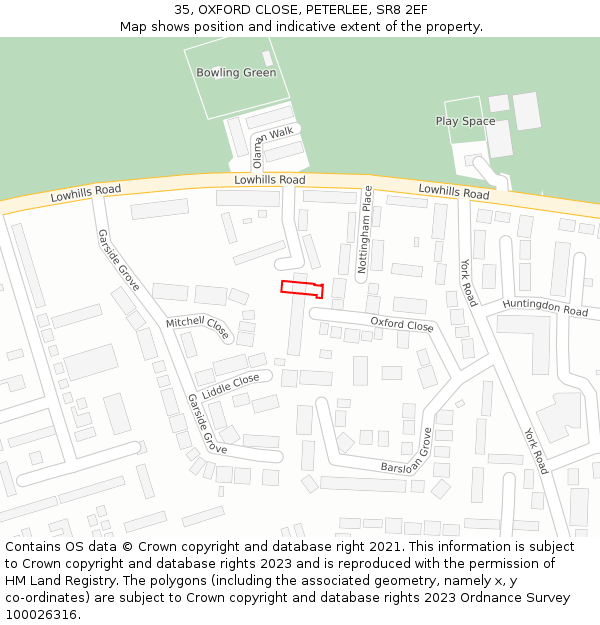 35, OXFORD CLOSE, PETERLEE, SR8 2EF: Location map and indicative extent of plot