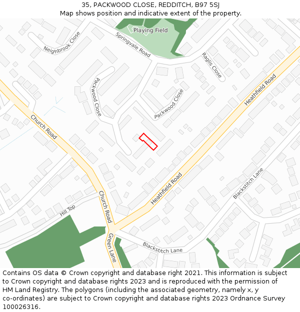 35, PACKWOOD CLOSE, REDDITCH, B97 5SJ: Location map and indicative extent of plot