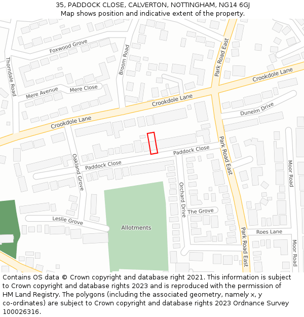 35, PADDOCK CLOSE, CALVERTON, NOTTINGHAM, NG14 6GJ: Location map and indicative extent of plot