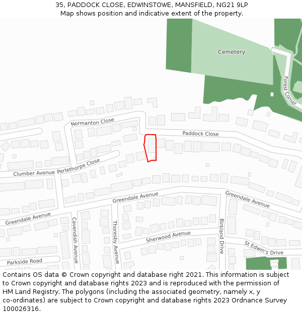 35, PADDOCK CLOSE, EDWINSTOWE, MANSFIELD, NG21 9LP: Location map and indicative extent of plot