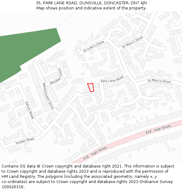 35, PARK LANE ROAD, DUNSVILLE, DONCASTER, DN7 4JN: Location map and indicative extent of plot