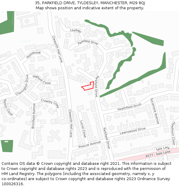 35, PARKFIELD DRIVE, TYLDESLEY, MANCHESTER, M29 8QJ: Location map and indicative extent of plot