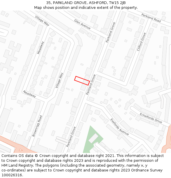 35, PARKLAND GROVE, ASHFORD, TW15 2JB: Location map and indicative extent of plot