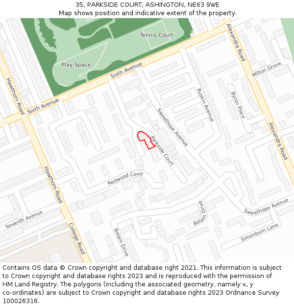 35, PARKSIDE COURT, ASHINGTON, NE63 9WE: Location map and indicative extent of plot