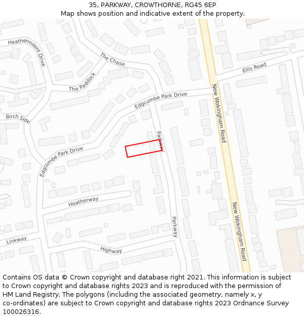 35, PARKWAY, CROWTHORNE, RG45 6EP: Location map and indicative extent of plot