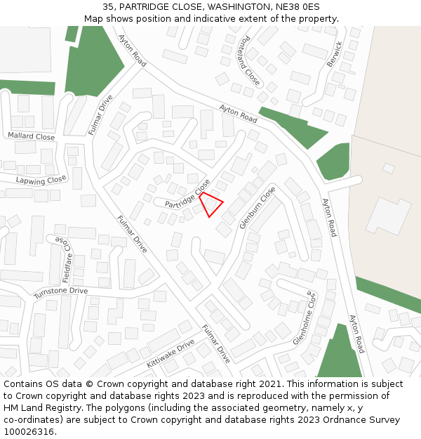 35, PARTRIDGE CLOSE, WASHINGTON, NE38 0ES: Location map and indicative extent of plot