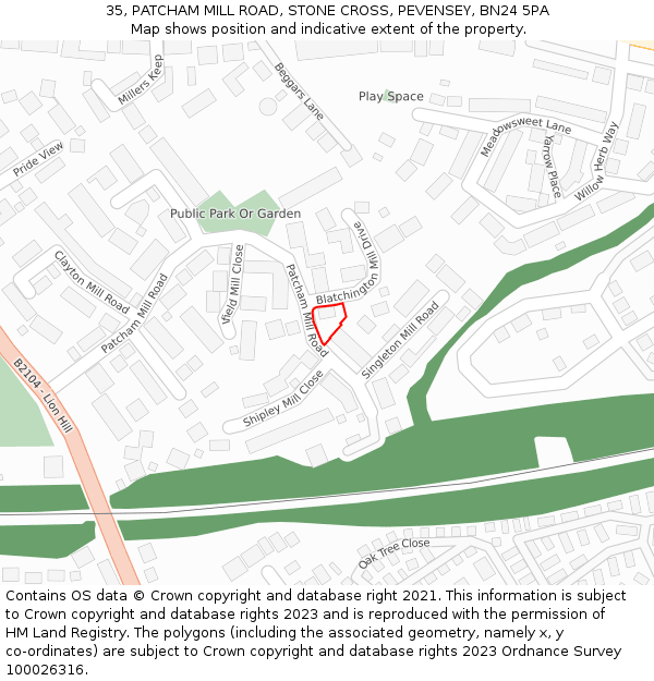 35, PATCHAM MILL ROAD, STONE CROSS, PEVENSEY, BN24 5PA: Location map and indicative extent of plot