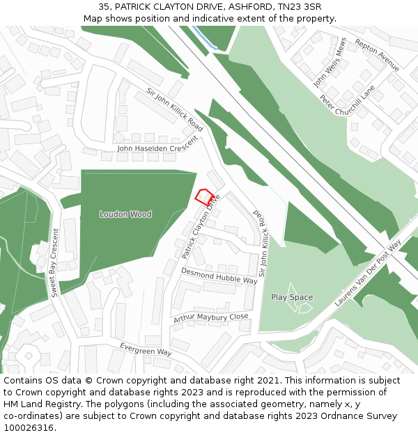 35, PATRICK CLAYTON DRIVE, ASHFORD, TN23 3SR: Location map and indicative extent of plot