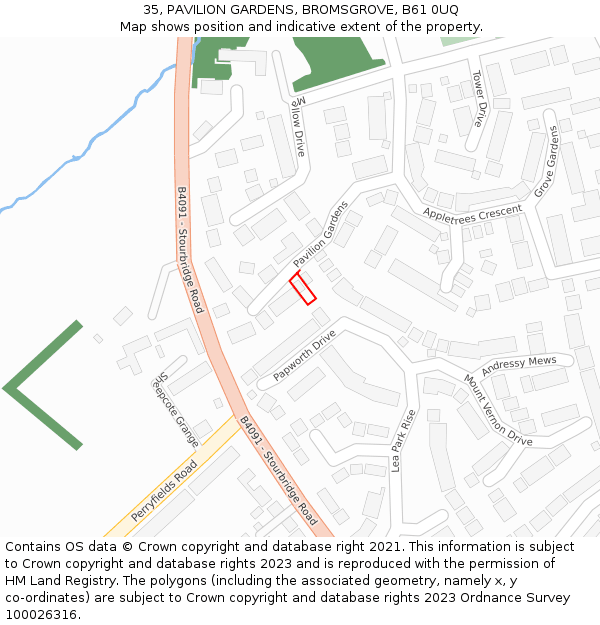 35, PAVILION GARDENS, BROMSGROVE, B61 0UQ: Location map and indicative extent of plot