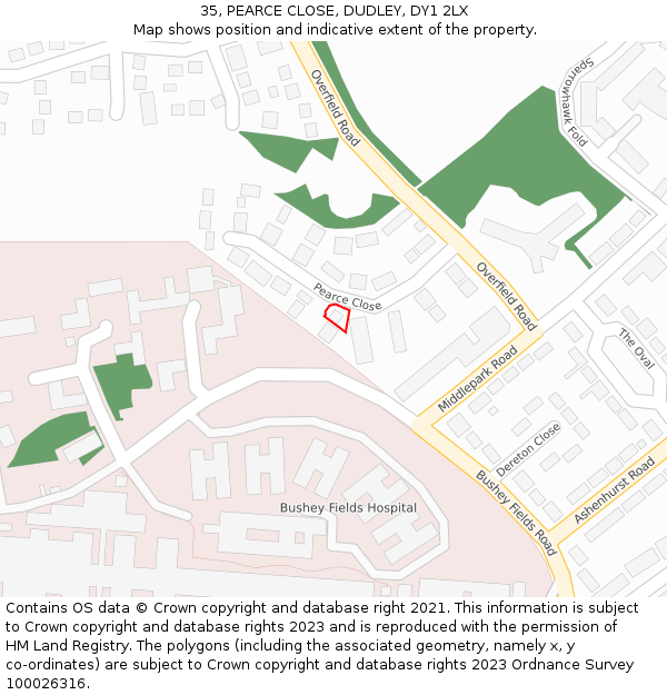 35, PEARCE CLOSE, DUDLEY, DY1 2LX: Location map and indicative extent of plot