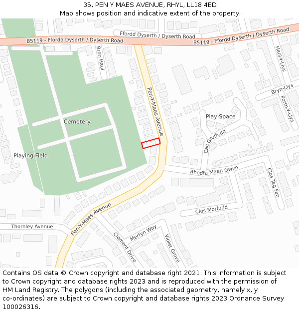 35, PEN Y MAES AVENUE, RHYL, LL18 4ED: Location map and indicative extent of plot