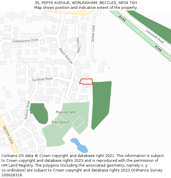 35, PEPYS AVENUE, WORLINGHAM, BECCLES, NR34 7SH: Location map and indicative extent of plot