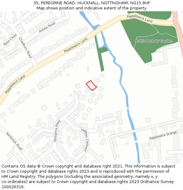 35, PEREGRINE ROAD, HUCKNALL, NOTTINGHAM, NG15 8HF: Location map and indicative extent of plot