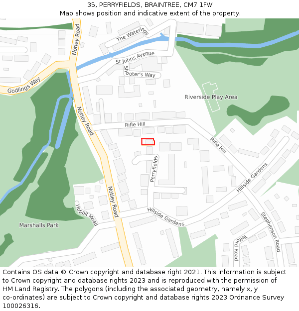 35, PERRYFIELDS, BRAINTREE, CM7 1FW: Location map and indicative extent of plot