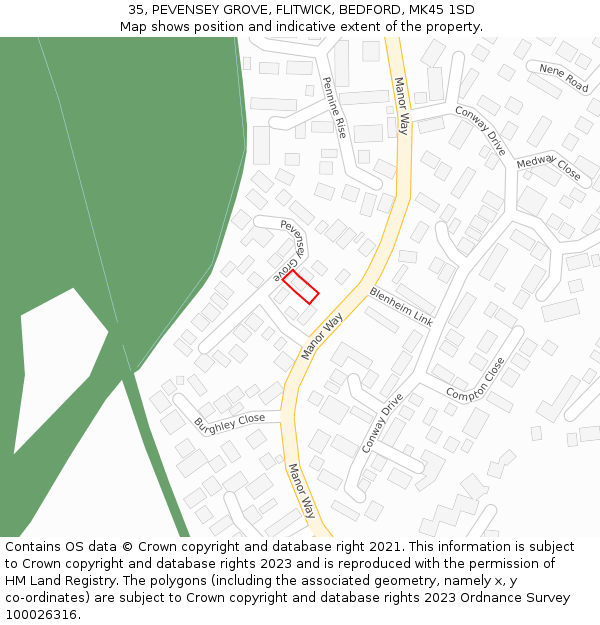 35, PEVENSEY GROVE, FLITWICK, BEDFORD, MK45 1SD: Location map and indicative extent of plot