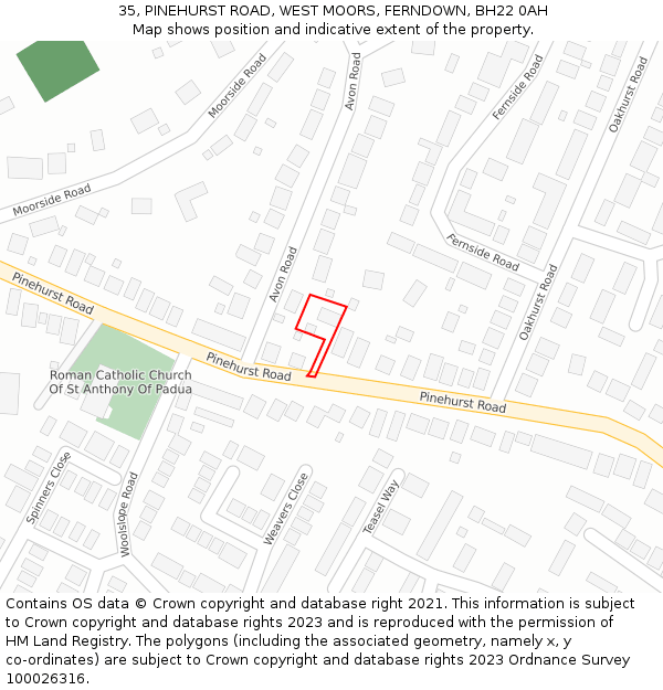 35, PINEHURST ROAD, WEST MOORS, FERNDOWN, BH22 0AH: Location map and indicative extent of plot