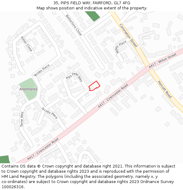 35, PIPS FIELD WAY, FAIRFORD, GL7 4FG: Location map and indicative extent of plot