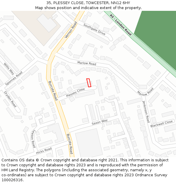 35, PLESSEY CLOSE, TOWCESTER, NN12 6HY: Location map and indicative extent of plot