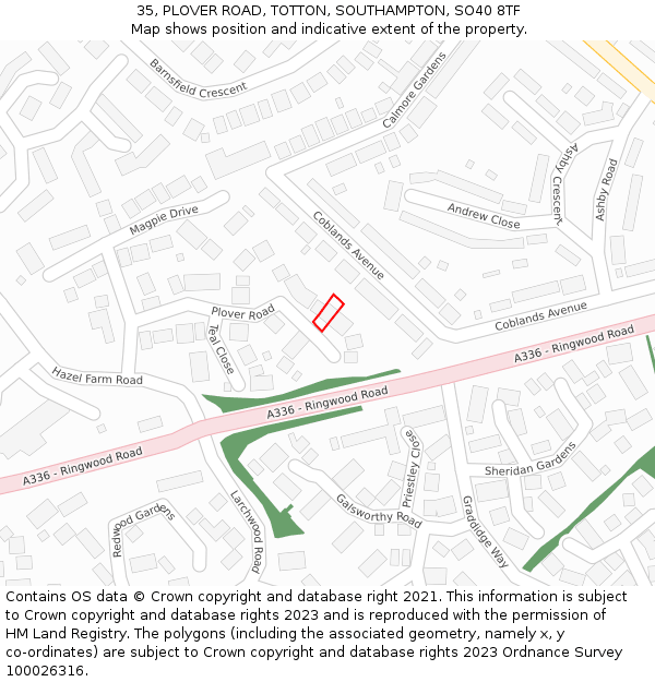 35, PLOVER ROAD, TOTTON, SOUTHAMPTON, SO40 8TF: Location map and indicative extent of plot