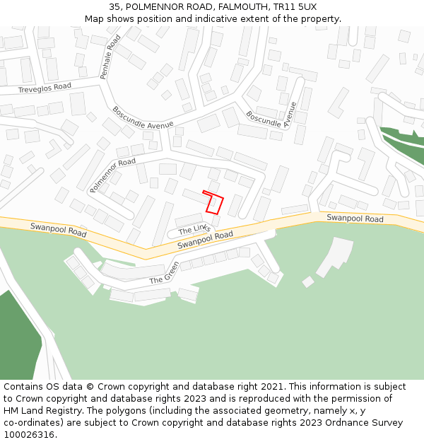 35, POLMENNOR ROAD, FALMOUTH, TR11 5UX: Location map and indicative extent of plot