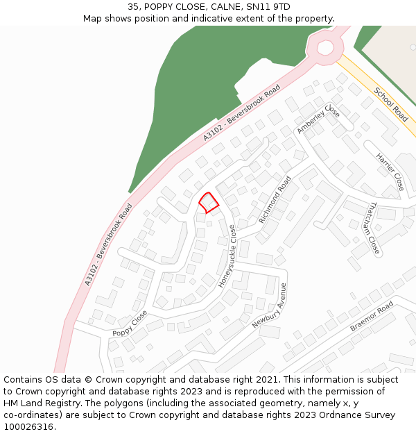 35, POPPY CLOSE, CALNE, SN11 9TD: Location map and indicative extent of plot