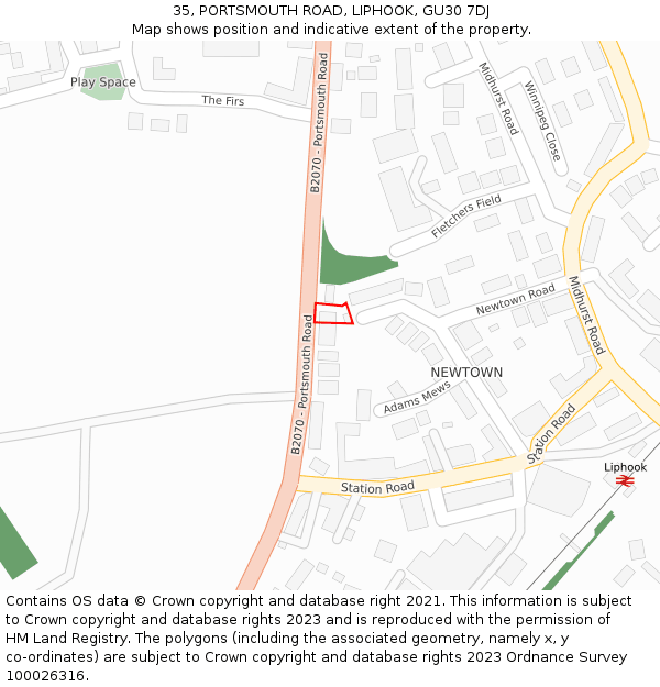 35, PORTSMOUTH ROAD, LIPHOOK, GU30 7DJ: Location map and indicative extent of plot