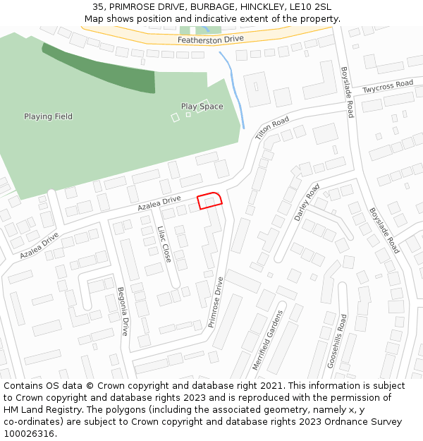 35, PRIMROSE DRIVE, BURBAGE, HINCKLEY, LE10 2SL: Location map and indicative extent of plot