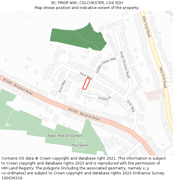 35, PRIOR WAY, COLCHESTER, CO4 5DH: Location map and indicative extent of plot