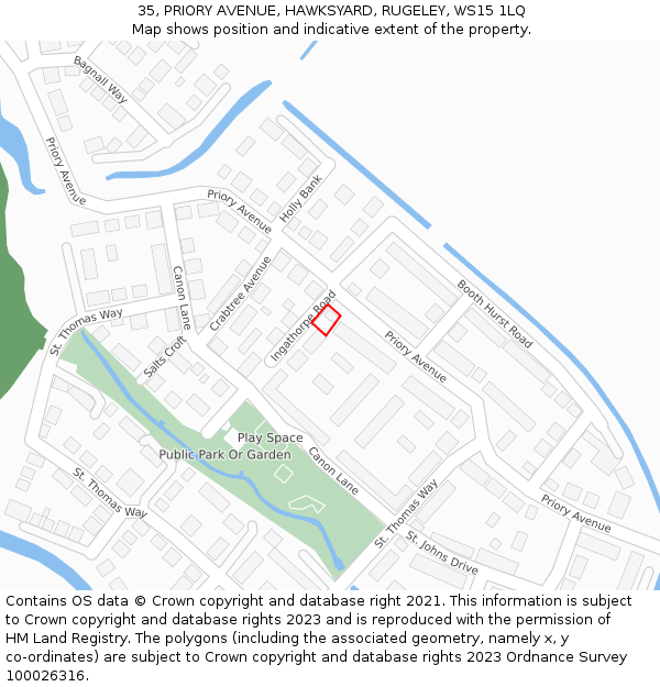 35, PRIORY AVENUE, HAWKSYARD, RUGELEY, WS15 1LQ: Location map and indicative extent of plot