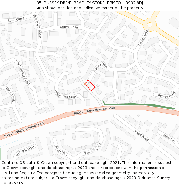 35, PURSEY DRIVE, BRADLEY STOKE, BRISTOL, BS32 8DJ: Location map and indicative extent of plot