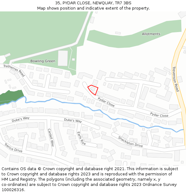 35, PYDAR CLOSE, NEWQUAY, TR7 3BS: Location map and indicative extent of plot