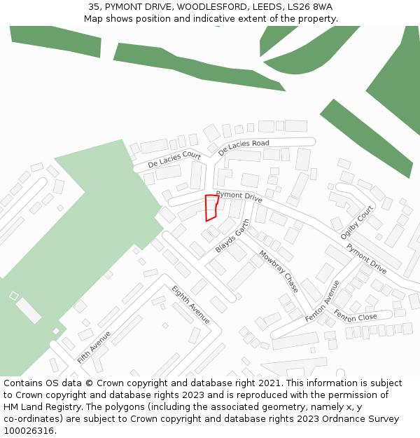 35, PYMONT DRIVE, WOODLESFORD, LEEDS, LS26 8WA: Location map and indicative extent of plot