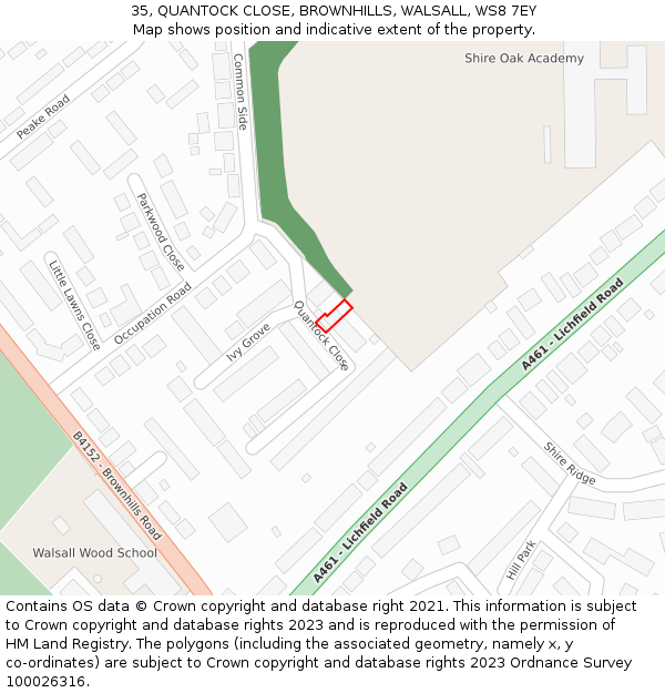 35, QUANTOCK CLOSE, BROWNHILLS, WALSALL, WS8 7EY: Location map and indicative extent of plot