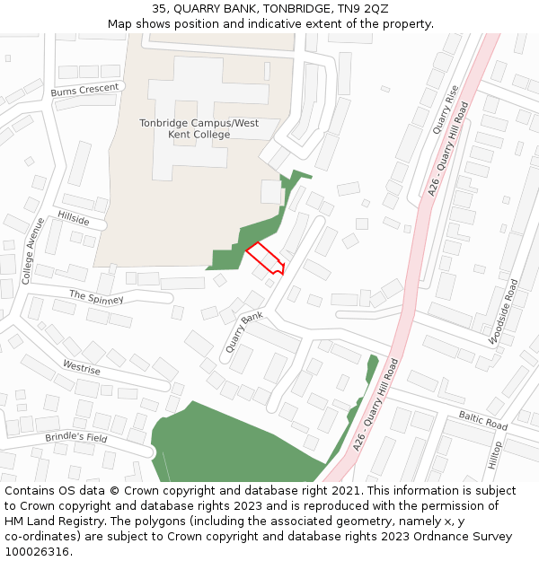 35, QUARRY BANK, TONBRIDGE, TN9 2QZ: Location map and indicative extent of plot