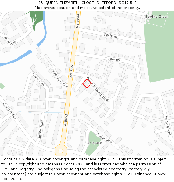 35, QUEEN ELIZABETH CLOSE, SHEFFORD, SG17 5LE: Location map and indicative extent of plot